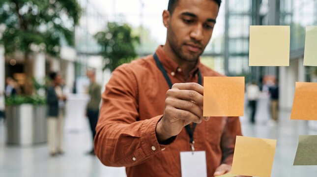 Hispanic professional using sticky notes in modern meeting