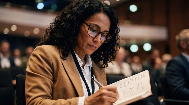 Hispanic woman taking notes during conference in venue