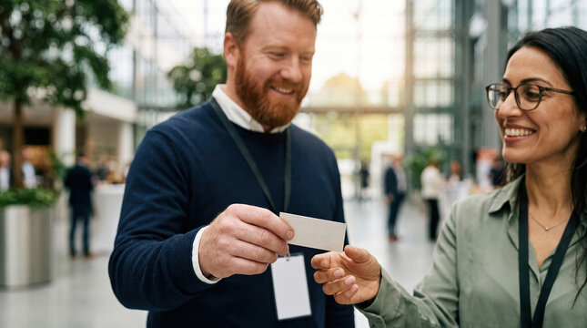 Professionals exchanging business cards at city networking event