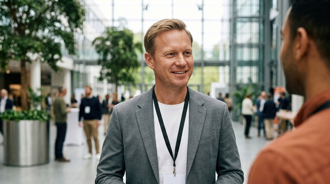 Two men networking at a business event in modern atrium