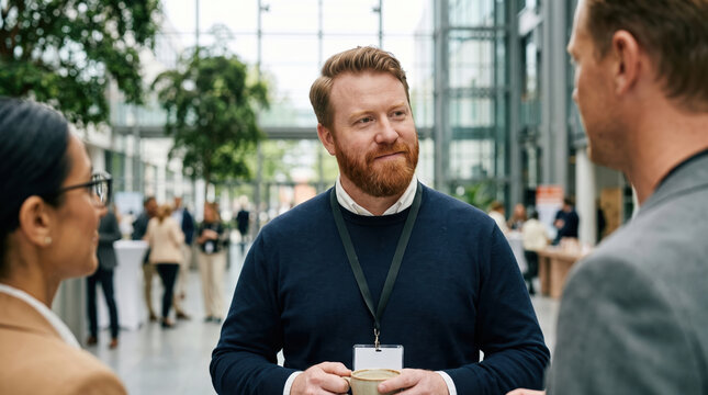 Three professionals networking in bright modern event venue