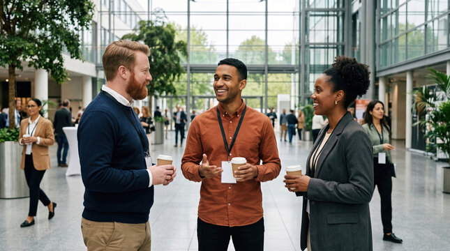 Diverse business people networking over coffee in office lobby