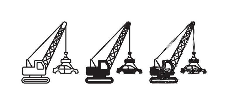 Set of three icons depicting a crane lifting a crushed or compacted car, presented in outline, solid, and artistic hand-drawn styles.
