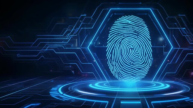 Digital fingerprint authentication glowing on a futuristic HUD with circuit board elements and blue light flares