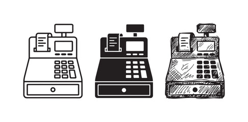 Detailed cash register with receipt, screen, and number pad in outline, silhouette, and hand-drawn styles © Ірина Гринюк