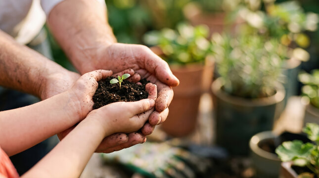 Adult and child hands hold soil and seedling outdoors