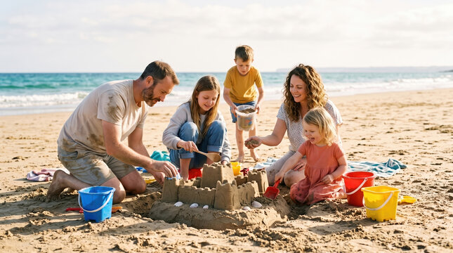Family building sandcastle with buckets on sunny beach day