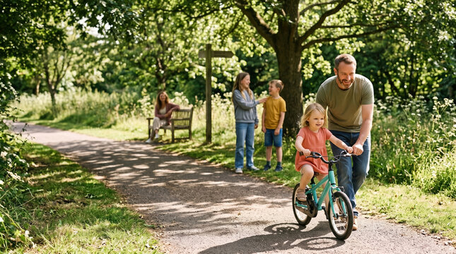Father helping daughter learn to ride a bike in sunny park