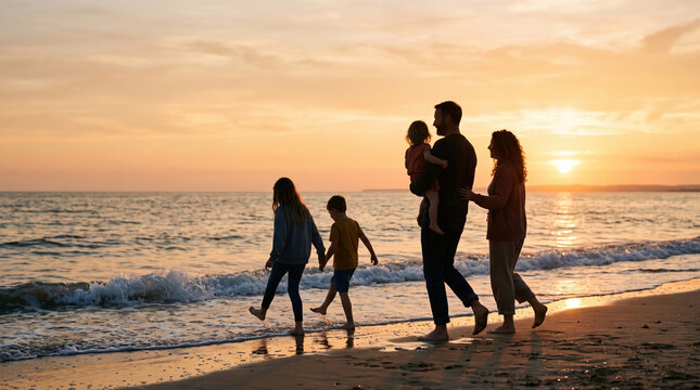 Family of five walking along the ocean at sunset