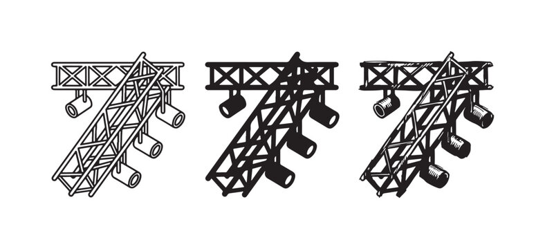 Angled stage lighting truss vector icons set: Outline, silhouette, and hand-drawn sketch of a metal truss structure with spotlights, viewed from an angle.
