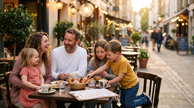 Family sharing snacks at outdoor cafe in late afternoon
