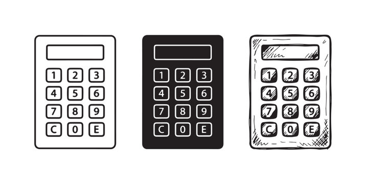 Three styles of a numeric keypad or calculator with display and C, O, E buttons, in outline, solid, and hand-drawn variations.
