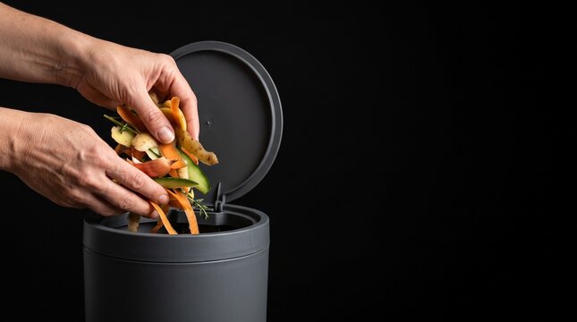 Hands depositing vegetable scraps into a compost bin for sustainable waste management and recycling