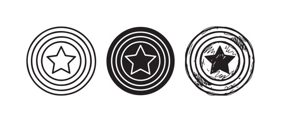 Star Emblem Shield Icon Set with Outlined Star: Outline, Solid Black, and Sketchy Doodle Styles © Ірина Гринюк