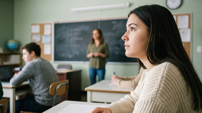 Focused female student listening to teacher in classroom
