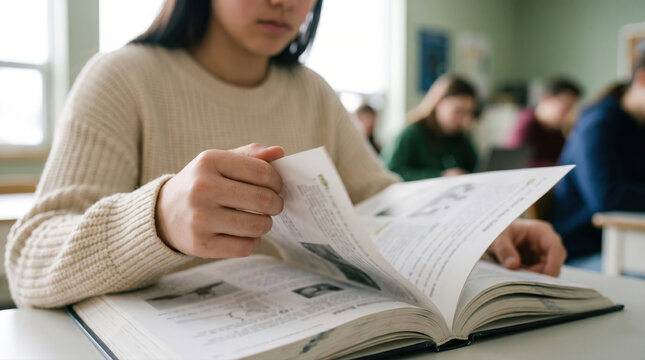 Student reading textbook in quiet classroom during school hours