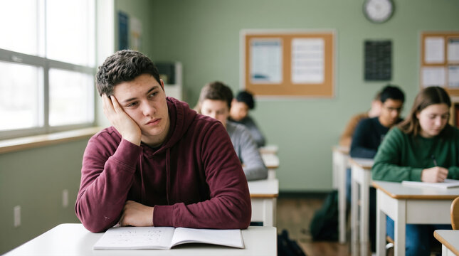 Bored student in classroom while classmates take notes