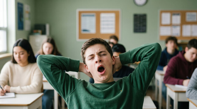 Student yawning in classroom while peers take notes