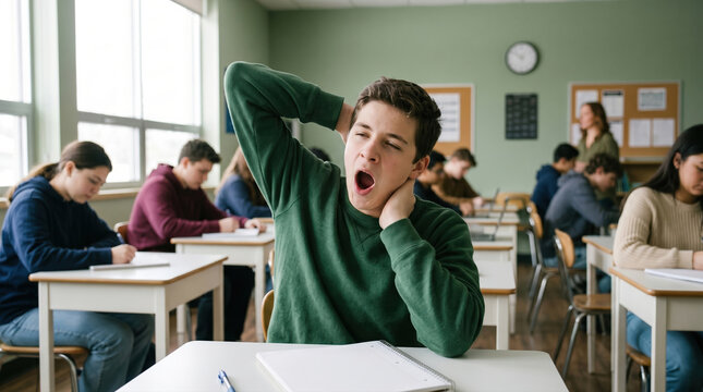 Tired student yawning in classroom while lesson continues