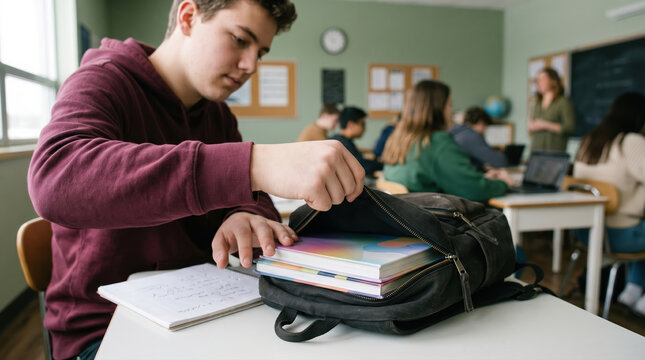 Student unpacking books from backpack during class time