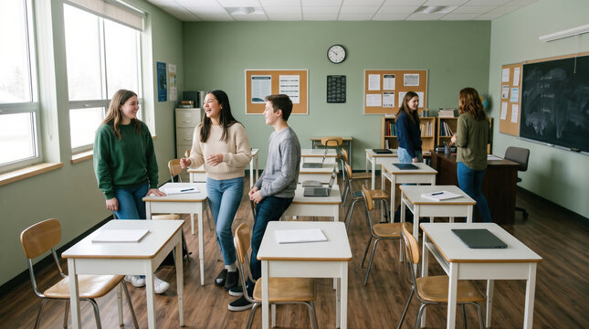 Student chat in bright classroom around empty desk