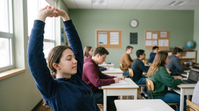 Student stretching arms at desk during morning class