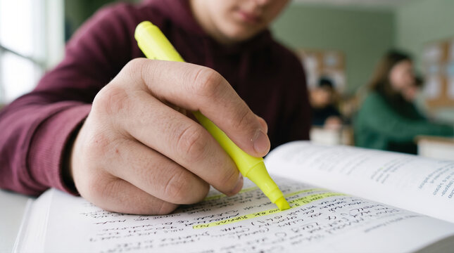 Student highlighting textbook notes in A busy classroom