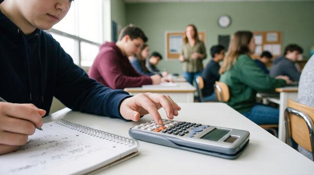 Student uses calculator during math lesson with teacher guidance