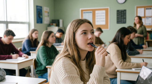 Thoughtful student with pencil during classroom lesson