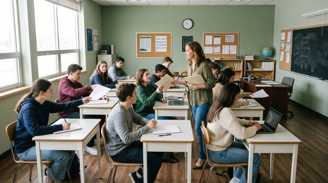 Teacher leads diverse students taking notes in classroom