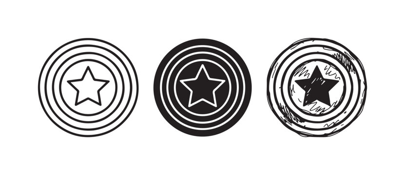 Star Emblem Shield Icon Set with Outlined Star: Outline, Solid Black, and Sketchy Doodle Styles