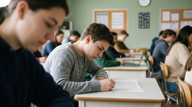 Students taking a test in a classroom during a school day
