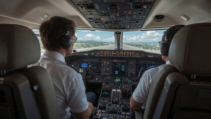 Fototapeta premium Pilots Operate an Airplane From the Cockpit During a Clear Day With Clouds in the Background