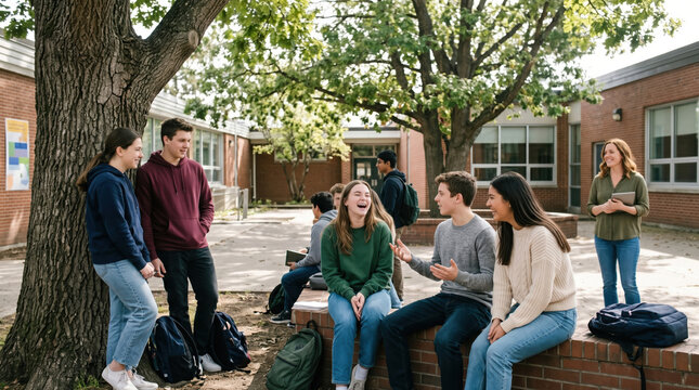 Students relaxing together outside school on sunny day