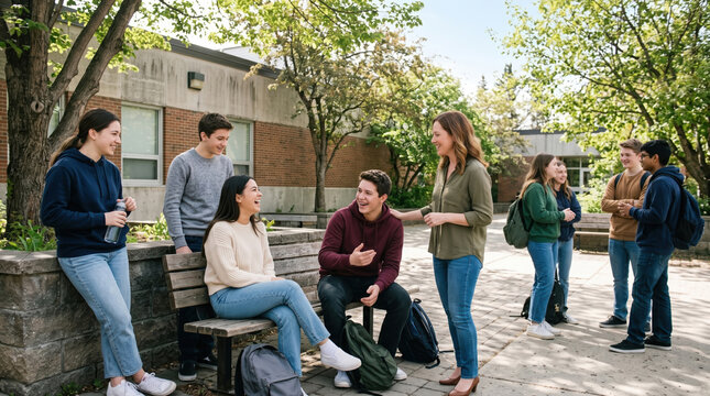 Students socialize outside school building at lunch break