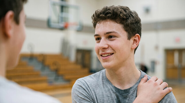 Two students smiling after basketball practice in empty gym