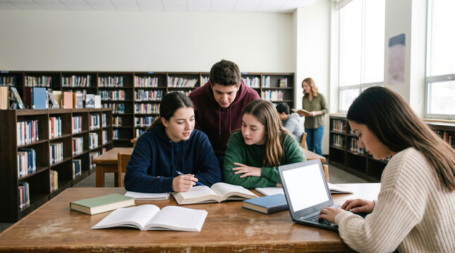 Students studying together in library with laptop and books