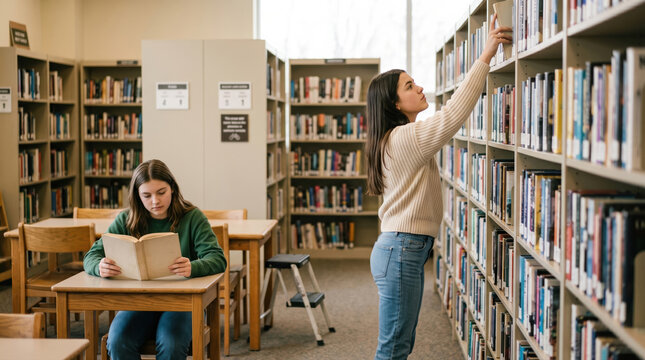 Students study and browse books in a school library during the daytime