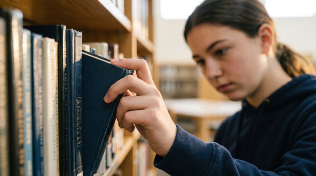 Student reaching for a book on library shelf aisle