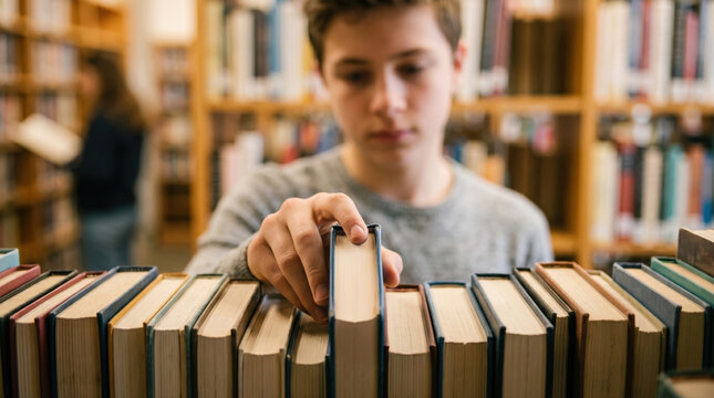 Student searches through books in library during study session