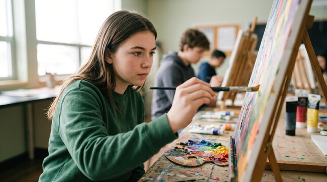 Student painting A canvas in school art class with peers