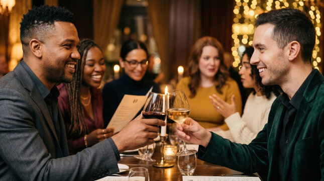 Friends celebrate dinner with drinks in festive setting