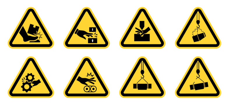 Yellow industrial warning sign icon set. Warning, safety, hazard, machine, danger and caution symbols for workplace protection, factories, manufacturing, crushing hazards, pinch points