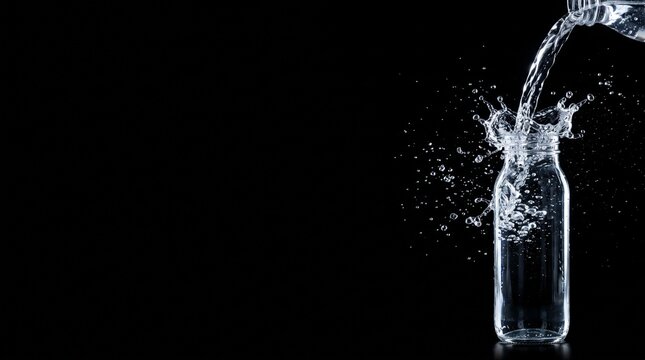 Clear water splashing into a glass bottle creating dynamic droplets and bubbles against a stark black background