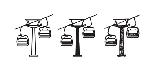 Three graphic styles of a ski lift with a tall pylon and two passenger gondolas, depicted in precise line art, solid silhouette, and rough sketch. © Ірина Гринюк