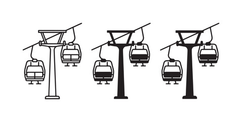 Three graphic variations of a ski lift with a support pylon and two enclosed cabins, shown in precise line art, solid silhouette, and rough sketch. © Ірина Гринюк
