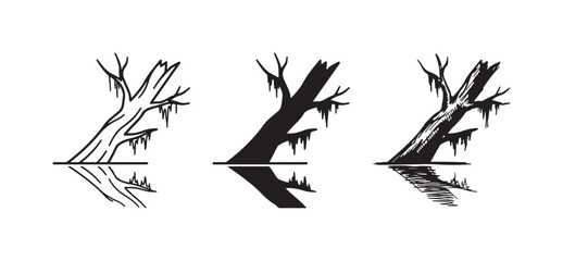 Fototapeta premium Dead tree with hanging moss reflected in water icons, presented in outline, solid, and sketchy styles