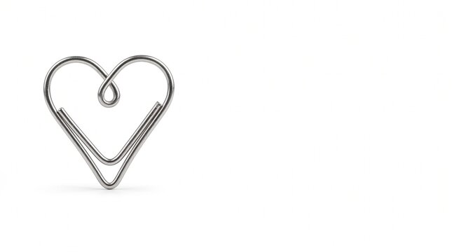 A single silver heart shaped paperclip isolated on a clean white background