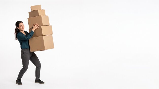 Woman carrying a tall stack of cardboard boxes with a smile