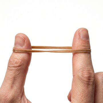 Close up of two fingers stretching a rubber band against a white background